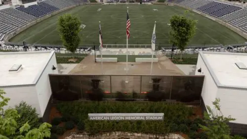 An aerial image of the American Legion Memorial Stadium sign.