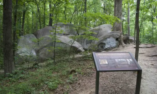 An image of Big Rock Rock Shelter and the education sign that accompanies it.