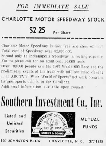 An image of an advertisement for purchasing stock in the Charlotte Motor Speedway.