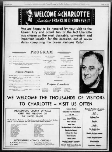 A newspaper program for President Franklin Roosevelt’s Charlotte visit.