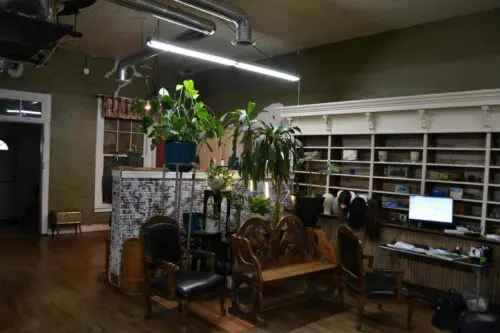 An image of the inside of BSalon showing the original shelving.