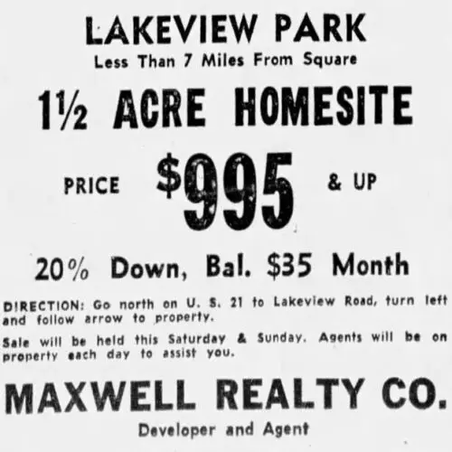 An image of newspaper ad for Lakeview Park.