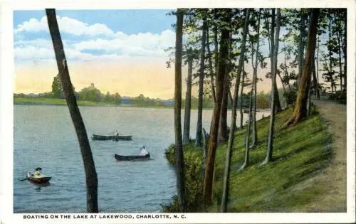 An image of a postcard of people enjoying rowboats at Lakewood Park.