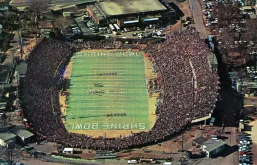 An arial photo of a packed stadium for the 1970 Shrine Bowl.